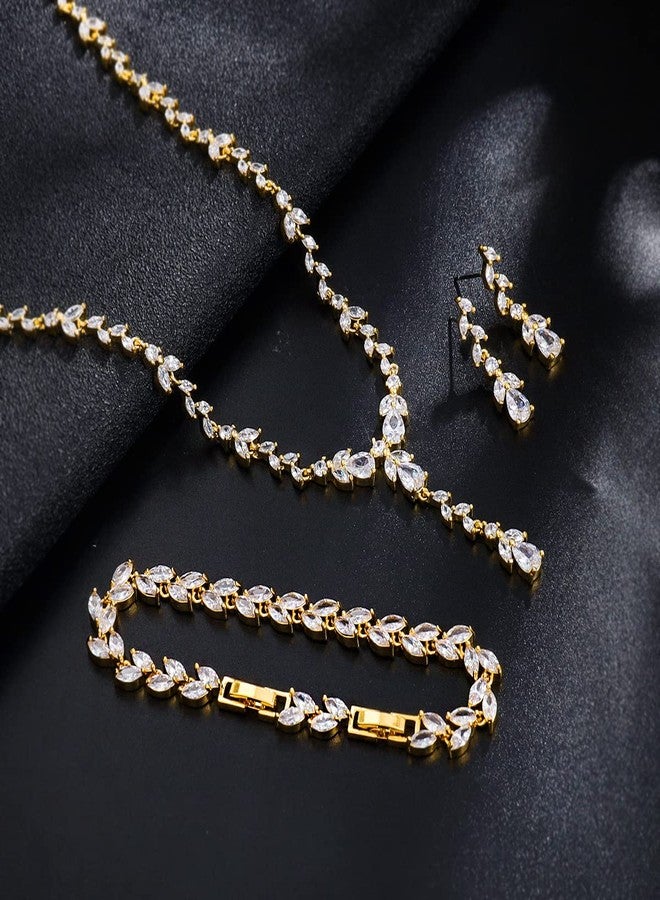 MEEDOZ Bridal Wedding Jewelry CZ Set Marquise Teardrop Cubic Zirconia Pendant Necklace and Dangle Earring Bracelet Sets for Women (Gold plated - 03) - Image 4